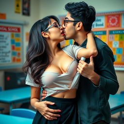 A sensual woman resembling Nushrat Bharucha, portrayed as a sexy schoolgirl wearing stylish glasses and a short skirt