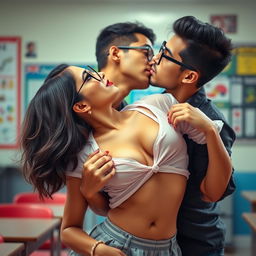 A sensual woman resembling Nushrat Bharucha, portrayed as a sexy schoolgirl wearing stylish glasses and a short skirt