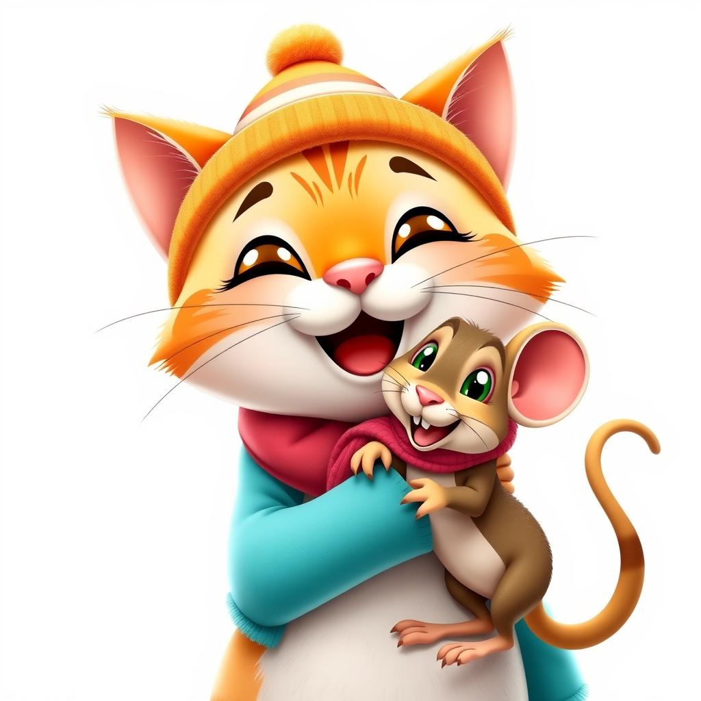 A close-up on a white background featuring a cartoonish, cheerful cat dressed in bright clothing, wearing a cute hat and scarf, joyfully hugging a funny and happy mouse, showcasing their friendship in a vibrant and playful style