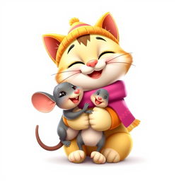 A close-up on a white background featuring a cartoonish, cheerful cat dressed in bright clothing, wearing a cute hat and scarf, joyfully hugging a funny and happy mouse, showcasing their friendship in a vibrant and playful style