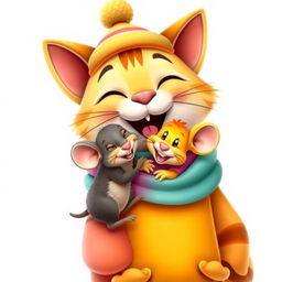 A close-up on a white background featuring a cartoonish, cheerful cat dressed in bright clothing, wearing a cute hat and scarf, joyfully hugging a funny and happy mouse, showcasing their friendship in a vibrant and playful style