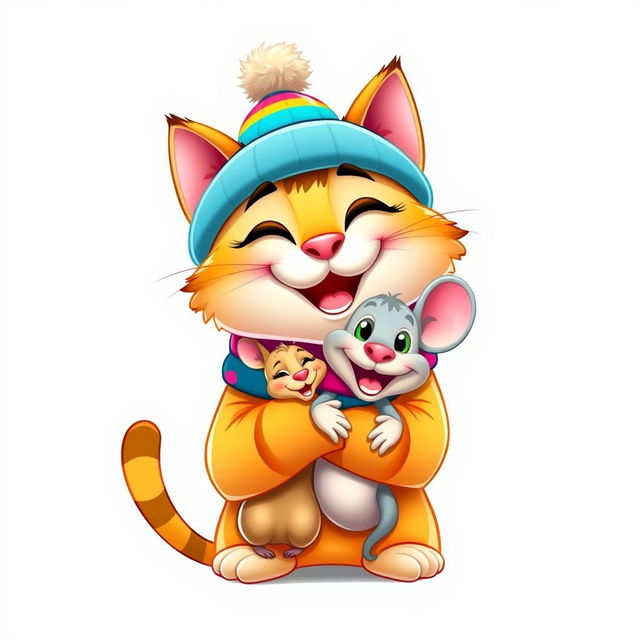 A close-up on a white background featuring a cartoonish, cheerful cat dressed in bright clothing, wearing a cute hat and scarf, joyfully hugging a funny and happy mouse, showcasing their friendship in a vibrant and playful style