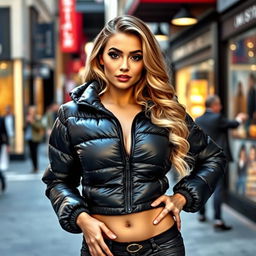 A glamorous young woman confidently posing in a tight shiny black puffer jacket that emphasizes her curvy figure, particularly her ample bosom