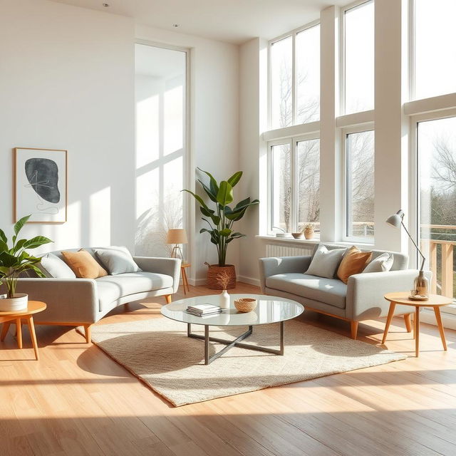 A beautifully designed interior space featuring modern Scandinavian furniture, large windows letting in natural light, and a cozy atmosphere