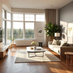 A beautifully designed interior space featuring modern Scandinavian furniture, large windows letting in natural light, and a cozy atmosphere