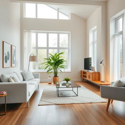 A beautifully designed interior space featuring modern Scandinavian furniture, large windows letting in natural light, and a cozy atmosphere