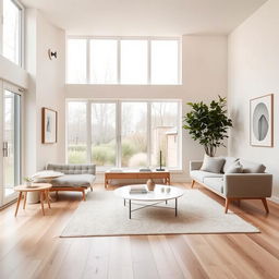 A beautifully designed interior space featuring modern Scandinavian furniture, large windows letting in natural light, and a cozy atmosphere