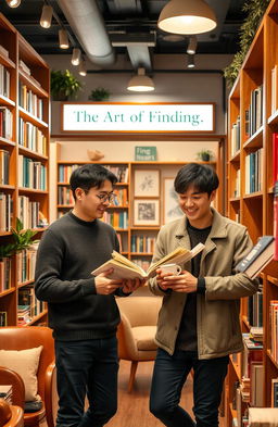 Two Korean men browsing through the aisles of a cozy bookstore named 'The Art of Finding'