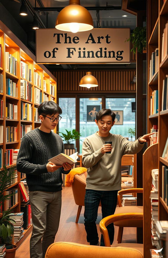 Two Korean men browsing through the aisles of a cozy bookstore named 'The Art of Finding'