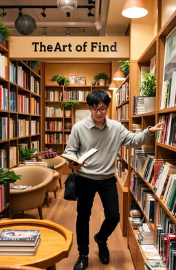 Two Korean men browsing through the aisles of a cozy bookstore named 'The Art of Finding'