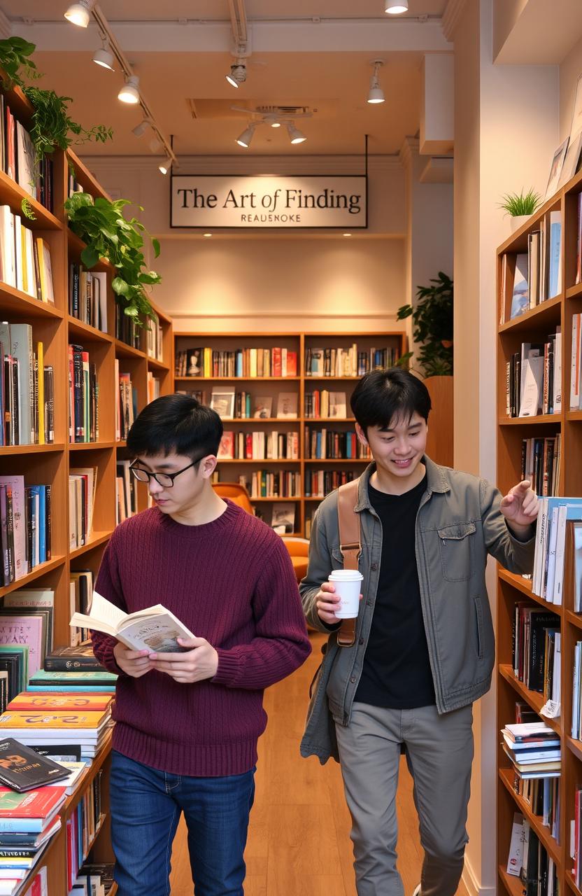 Two Korean men browsing through the aisles of a cozy bookstore named 'The Art of Finding'