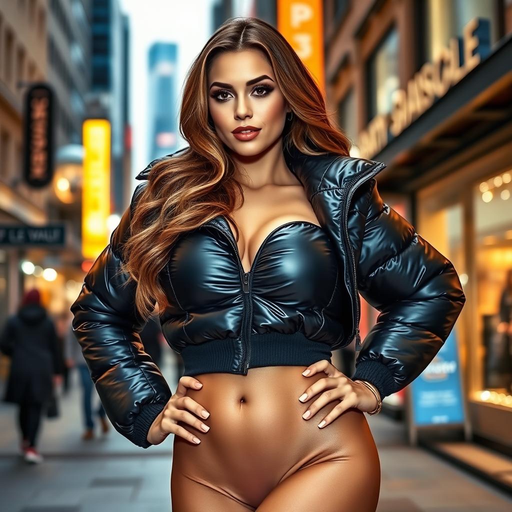 A stunning young woman confidently posing in a tight shiny black puffer jacket that highlights her voluptuous figure, with a particular emphasis on her full bosom