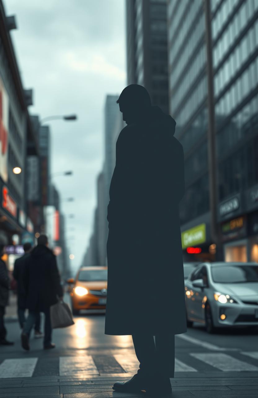 A solitary gray figure of a man standing in the foreground, with an air of melancholy, against the backdrop of bustling city streets