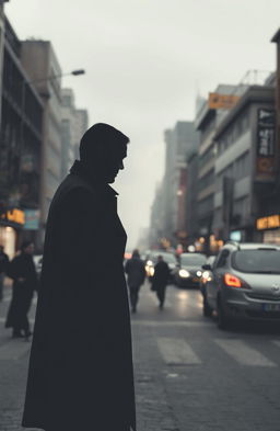 A solitary gray figure of a man standing in the foreground, with an air of melancholy, against the backdrop of bustling city streets