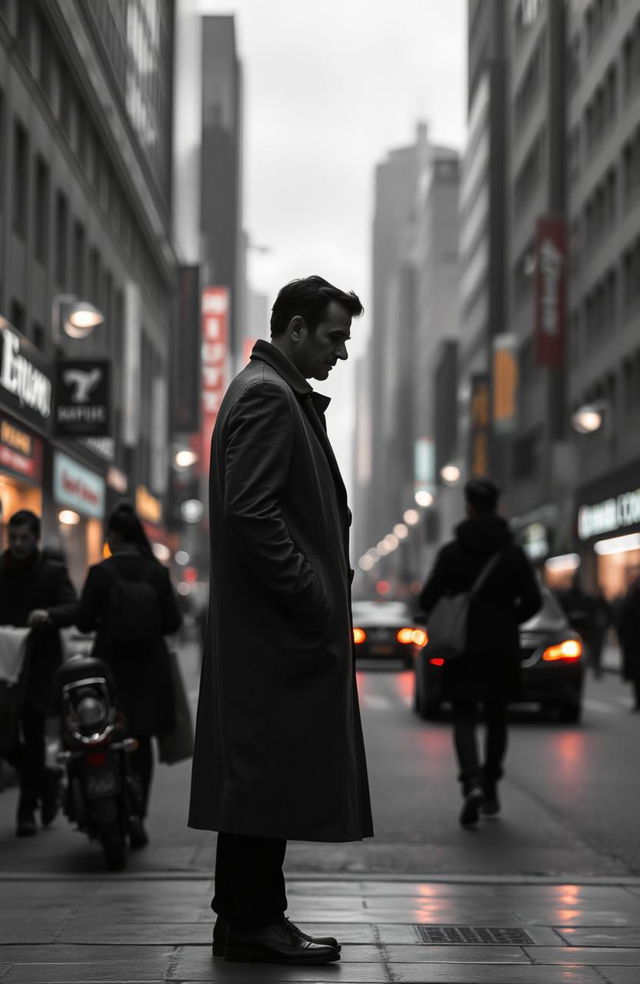 A solitary gray figure of a man standing in the foreground, with an air of melancholy, against the backdrop of bustling city streets