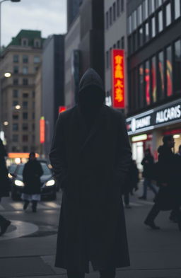 A solitary gray figure of a man standing in the foreground, with an air of melancholy, against the backdrop of bustling city streets