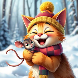A close-up of a cartoonish, cheerful, and brightly dressed cat wearing a cute hat and scarf, joyfully hugging a funny and cheerful mouse