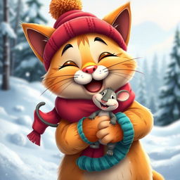 A close-up of a cartoonish, cheerful, and brightly dressed cat wearing a cute hat and scarf, joyfully hugging a funny and cheerful mouse
