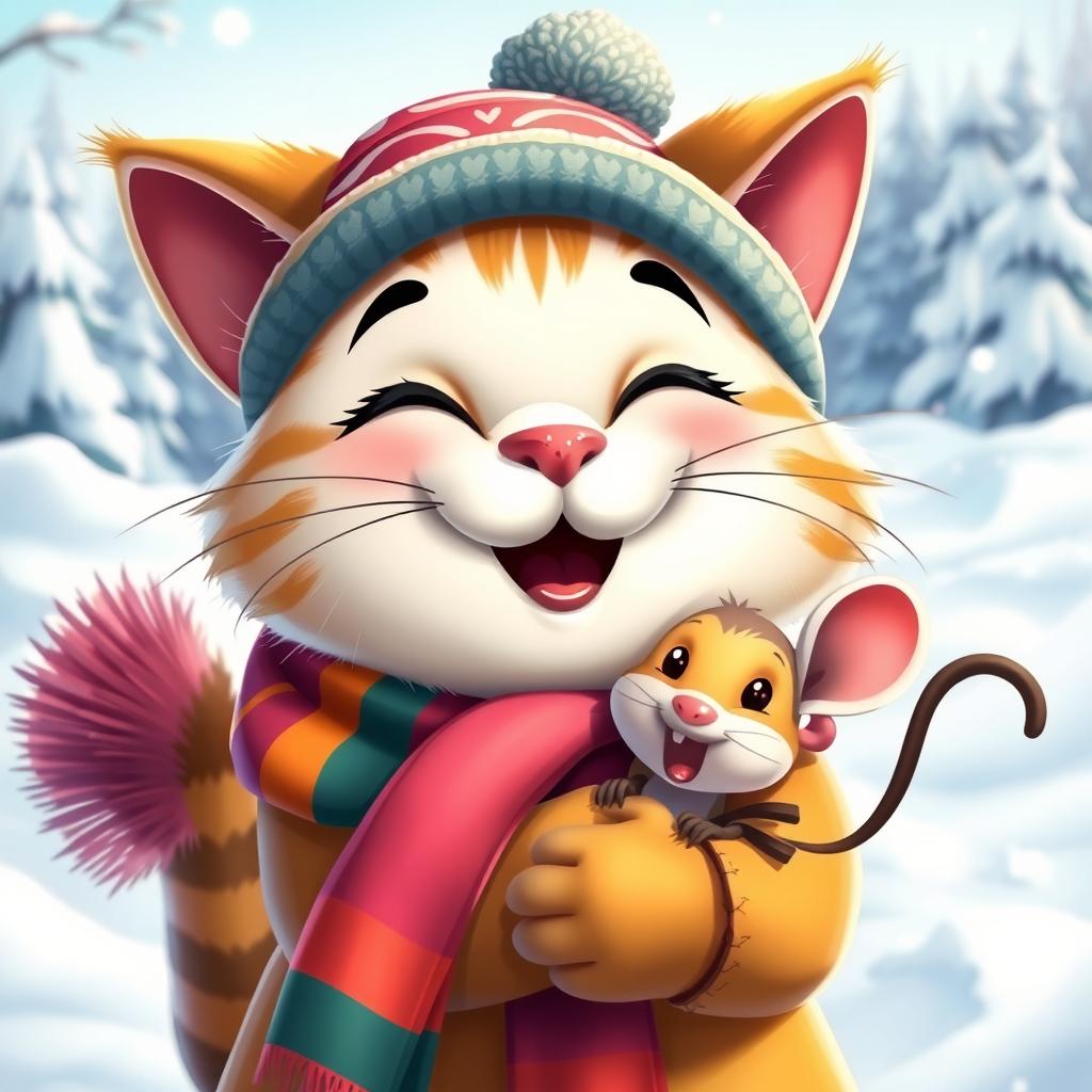 A close-up of a cartoonish, cheerful, and brightly dressed cat wearing a cute hat and scarf, joyfully hugging a funny and cheerful mouse