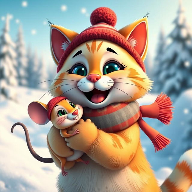 A close-up of a cartoonish, cheerful, and brightly dressed cat wearing a cute hat and scarf, joyfully hugging a funny and cheerful mouse