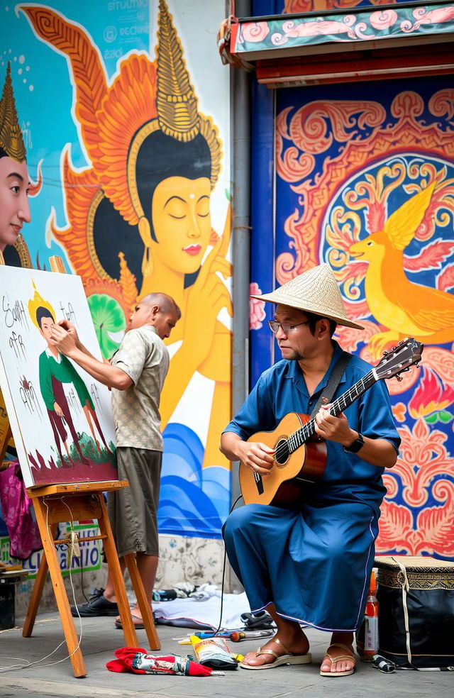 A scene showcasing two Thai men immersed in artistic expression, surrounded by vibrant street art in Thailand