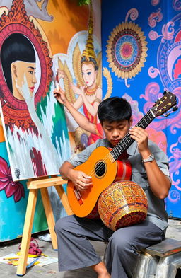 A scene showcasing two Thai men immersed in artistic expression, surrounded by vibrant street art in Thailand
