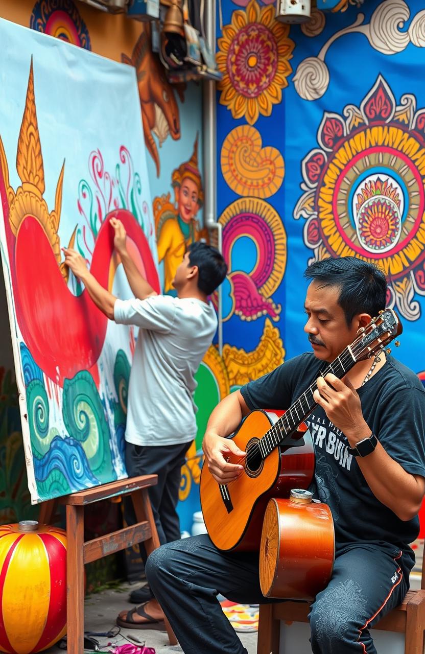 A scene showcasing two Thai men immersed in artistic expression, surrounded by vibrant street art in Thailand