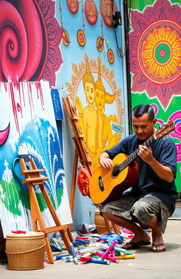A scene showcasing two Thai men immersed in artistic expression, surrounded by vibrant street art in Thailand