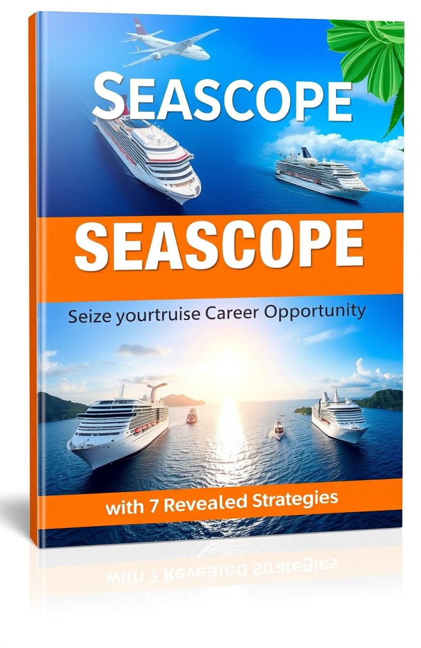 Create an engaging ebook cover design for 'Seascope' with the tagline 'Seize Your Cruise Career Opportunity with 7 Revealed Strategies'