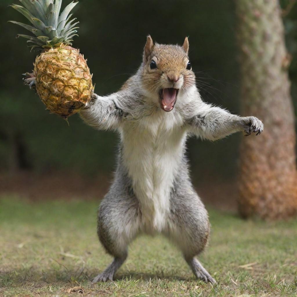 A fiercely enraged squirrel, lunging mid-air with claws extended, attacking a large pineapple.