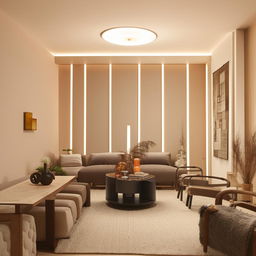 A 12x13 feet living room with modern decor, comfortable seating arrangements, stylish coffee table at the center, warm lighting, and soft-colored walls.