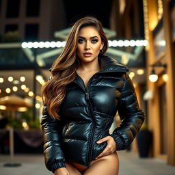 A striking young woman confidently posing in a tight, shiny black puffer jacket that beautifully highlights her curvy physique, emphasizing her large bust