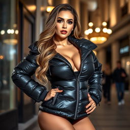 A striking young woman confidently posing in a tight, shiny black puffer jacket that beautifully highlights her curvy physique, emphasizing her large bust