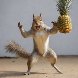 A fiercely enraged squirrel, lunging mid-air with claws extended, attacking a large pineapple.