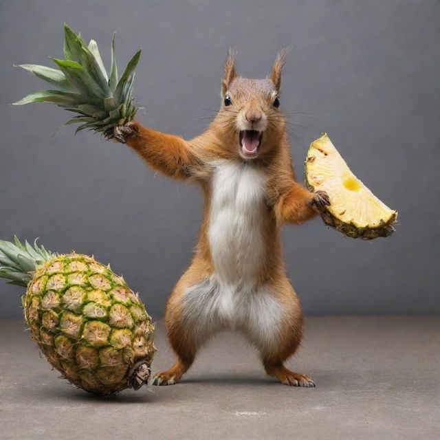 A fiercely enraged squirrel, lunging mid-air with claws extended, attacking a large pineapple.