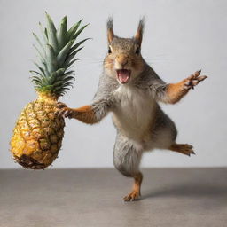 A fiercely enraged squirrel, lunging mid-air with claws extended, attacking a large pineapple.