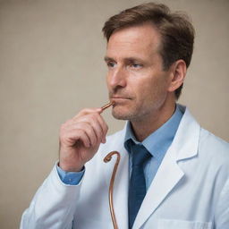 An experienced doctor with a copper stethoscope, wearing a lab coat, and deep in thought.