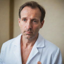 An experienced doctor with a copper stethoscope, wearing a lab coat, and deep in thought.