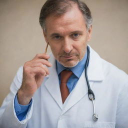 An experienced doctor with a copper stethoscope, wearing a lab coat, and deep in thought.