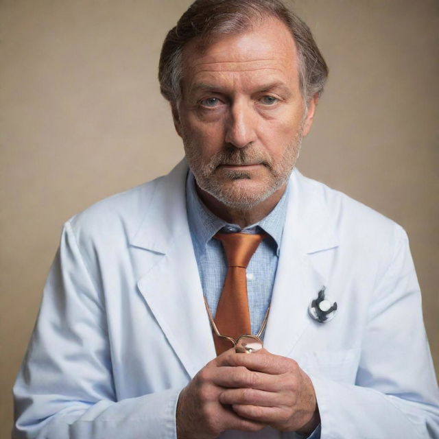 An experienced doctor with a copper stethoscope, wearing a lab coat, and deep in thought.