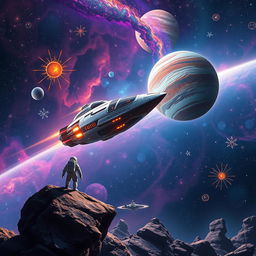 A stunning digital art book cover design depicting a vast space exploration scene featuring a futuristic spaceship gliding through a vibrant galaxy filled with swirling nebulae, twinkling stars, and distant planets