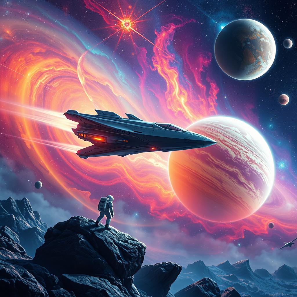 A stunning digital art book cover design depicting a vast space exploration scene featuring a futuristic spaceship gliding through a vibrant galaxy filled with swirling nebulae, twinkling stars, and distant planets