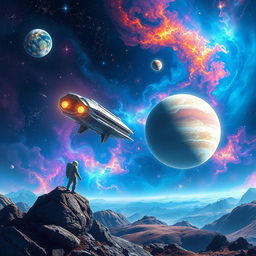 A stunning digital art book cover design depicting a vast space exploration scene featuring a futuristic spaceship gliding through a vibrant galaxy filled with swirling nebulae, twinkling stars, and distant planets