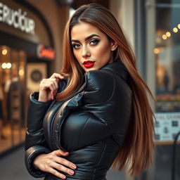 An alluring young woman striking a confident pose in a tight, shiny black puffer jacket that accentuates her curvaceous figure, highlighting her prominent bust