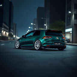 A dark green MK7 VW Golf R featuring an aggressive body kit, showcased in a dark city environment