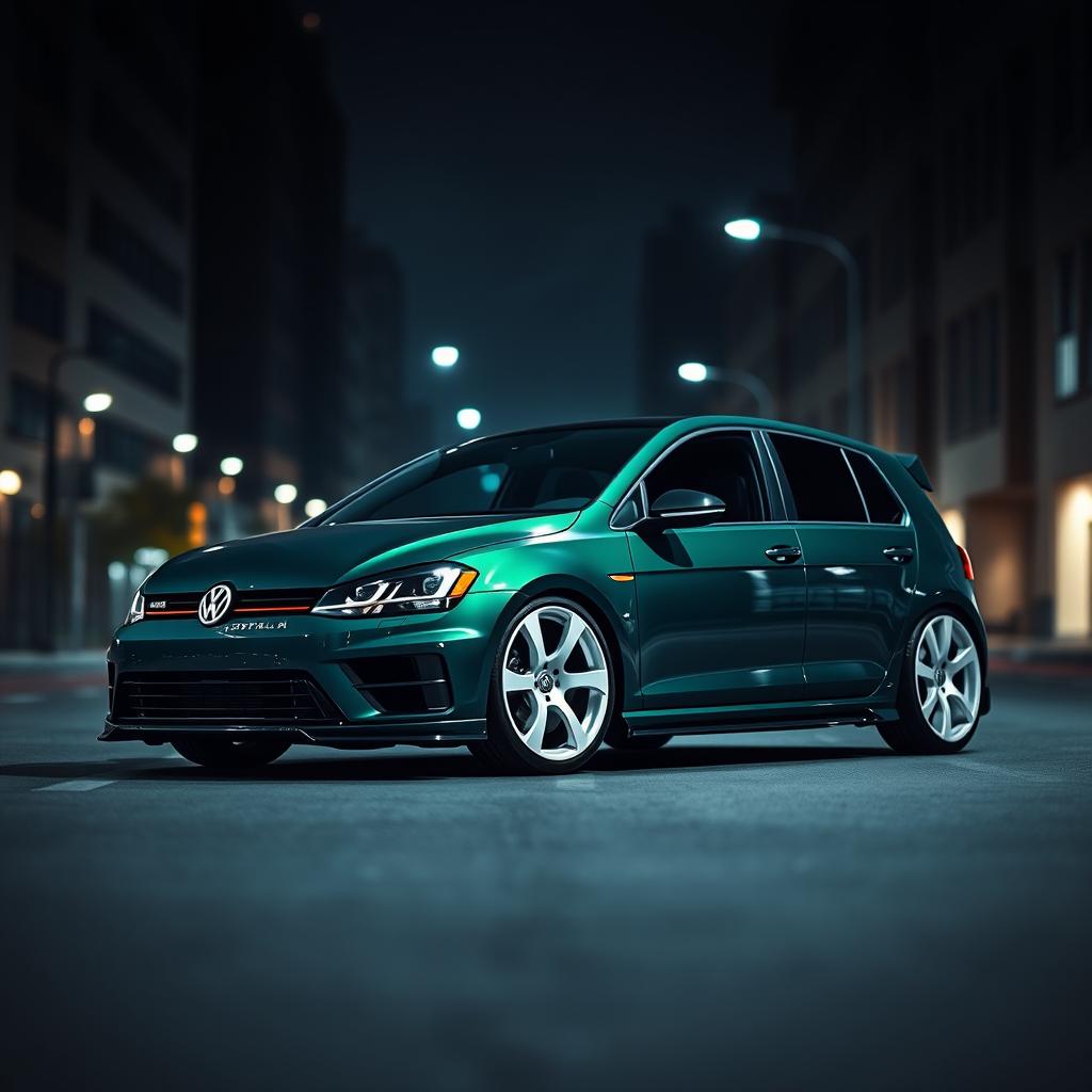 A dark green MK7 VW Golf R featuring an aggressive body kit, showcased in a dark city environment