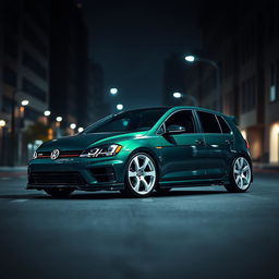 A dark green MK7 VW Golf R featuring an aggressive body kit, showcased in a dark city environment