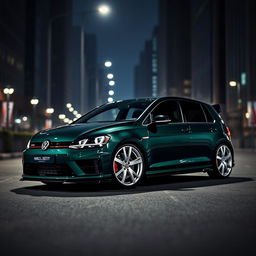 A dark green MK7 VW Golf R featuring an aggressive body kit, showcased in a dark city environment