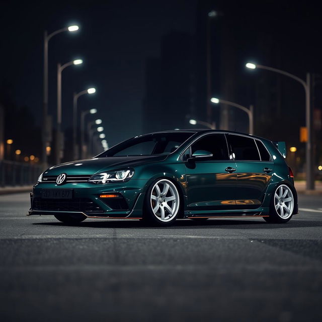 A dark green MK7 VW Golf R featuring an aggressive body kit, showcased in a dark city environment