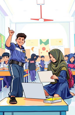 A vibrant scene depicting Raga Fadilla Perwira and Verliya Noer Rahma in a school setting where Raga is actively engaged in a pencak silat practice, demonstrating his athleticism and determination